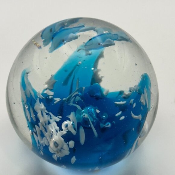 Art Glass Clear Round Paperweight with Controlled Bubbles Waves 3 Blue Dolphins - Picture 10 of 16